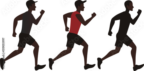 Vector set of Three Silhouetted Male Runners in Mid-Stride with Red Tank Top and Dynamic Poses

