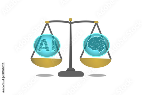 AI vs Human Brain on Scale,  Flat Vector Illustration of Ethical AI and Bias Concept for Education and Business Use