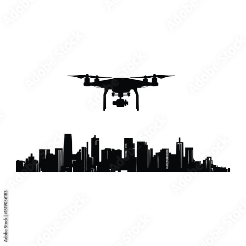 A drone flying over a city skyline silhouette design