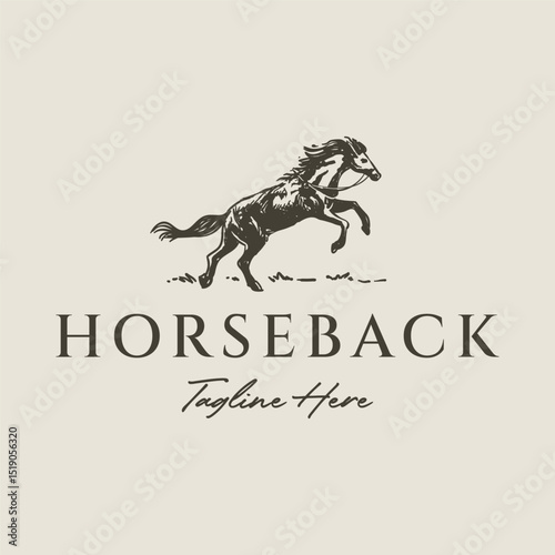 Horse jump while running facing right hand drawn illustration vector. Animal moving forward