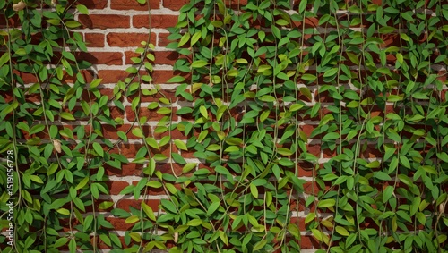 Green ivy leaves create a vibrant natural pattern across a stone wall, showcasing the lush growth of the plant in a summer garden photo