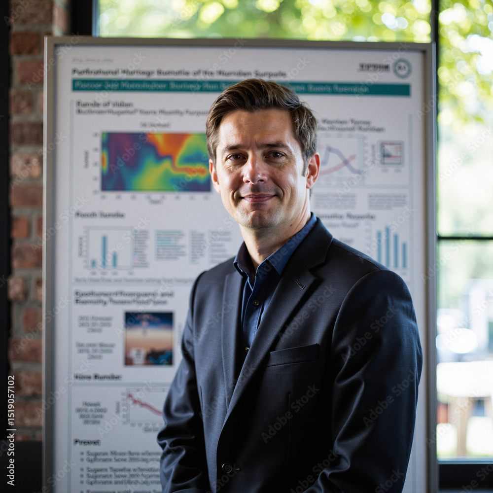 Business-casual portrait in front of technical posters Business-casual portrait in front of technical posters
