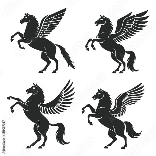 Four silhouettes of mythological pegasus horses in different posing positions on white background