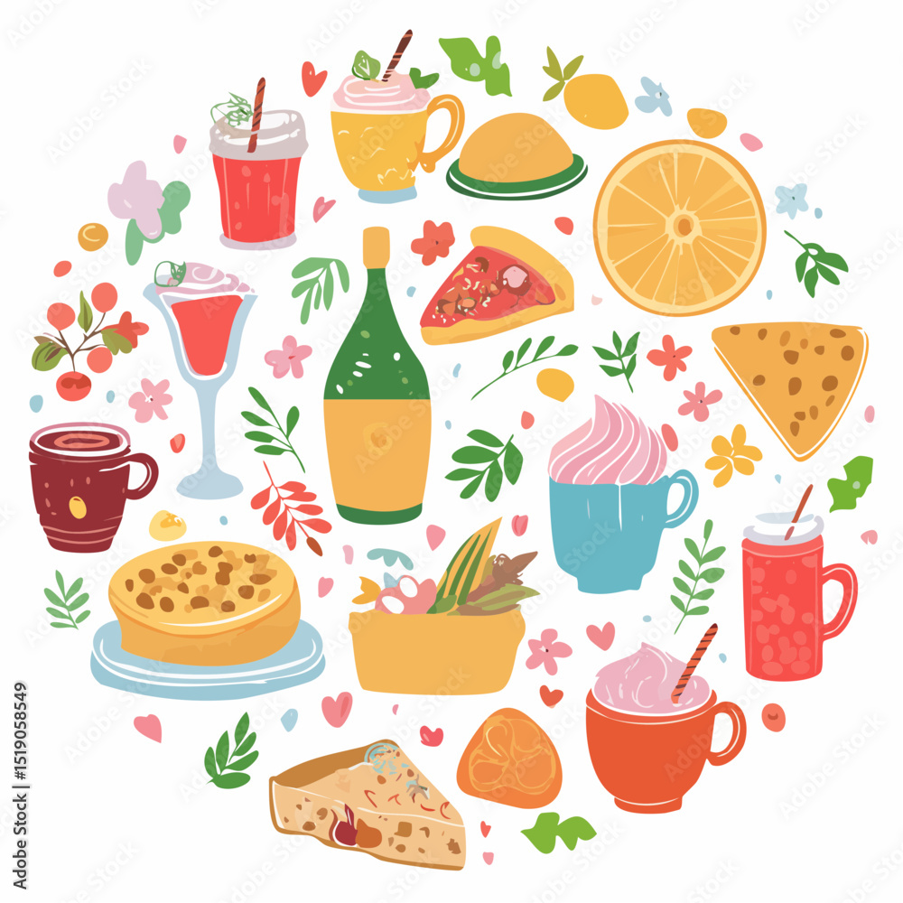 A colorful illustration of various food and drink items arranged in a circular pattern, including pizza, cake, and beverages. A colorful illustration of various food and drink items arranged in a circular pattern, including pizza, cake, and beverages.