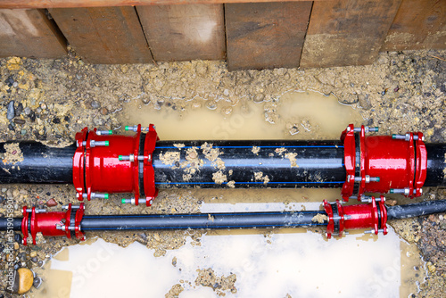 Wallpaper Mural Top view of two repaired water pipes with ditch after pipe burst at Swiss City of Zürich on a spring day. Photo taken June 3rd, 2025, Zurich, Switzerland. Torontodigital.ca