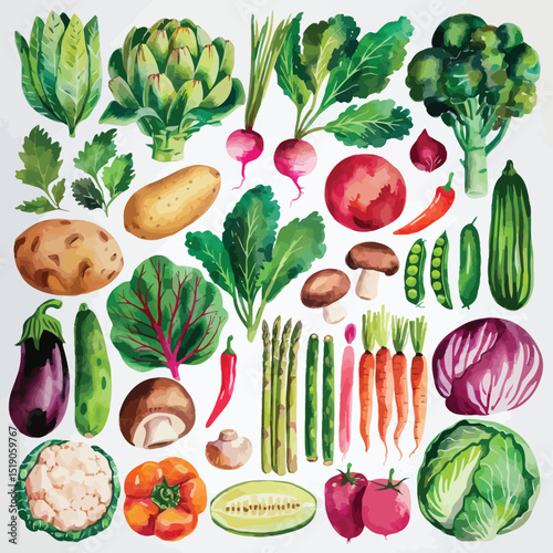 Assortment of Fresh Watercolor Vegetables and Herbs