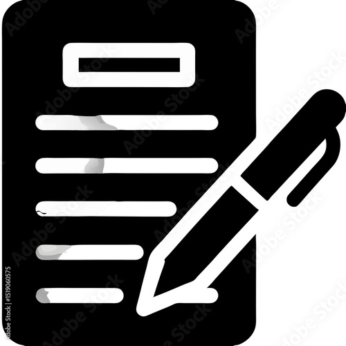 Stylized Black and White Icon of a Document Being Signed with a Pen