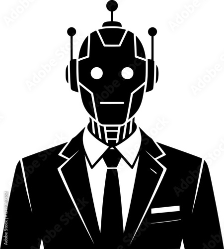 Black outline of a robotic business representation in formal attire for corporate AI branding.
