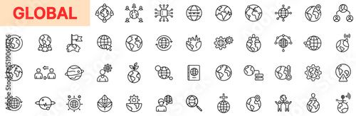 Global Line Icon Design Featuring World Maps, Earth Orbits, Network Connections, Planet Symbols, Global Gears, International Flags, Earth Leaves, Human Interaction, and Travel Locations