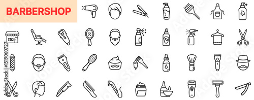 Barbershop Line Icon Design Featuring Hair Clippers, Salon Chairs, Beard Icons, Hair Sprays, Razors, Combs, Brushes, Styling Products, Hairdryers, and Grooming Tools