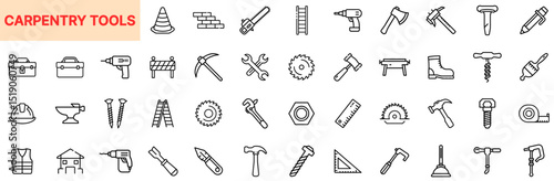 Carpentry Tools Line Icon Design Featuring Hammers, Saws, Screws, Drill Machines, Measuring Tape, Workbenches, Anvils, Pencils, Trowels, Nuts, and Toolboxes