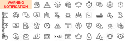 Warning Notification Line Icon Design Featuring Alert Triangles, Exclamation Marks, Calendar Notices, Pop-Up Messages, Security Shields, Timers, Global Warnings, and System Attention Symbols photo