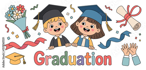 Happy Kids Graduation Celebration Cartoon Illustration
