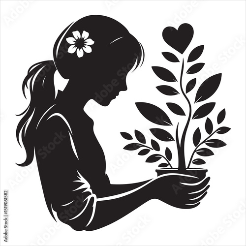 Girl Watering Plant Silhouette - Nature and Care, black colour vactor 