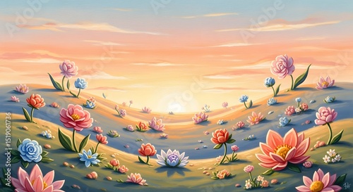 Sunset Meadow with Colorful Flowers