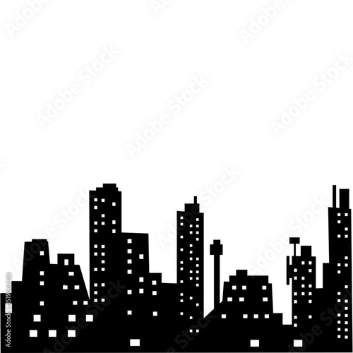 Urban vector silhouette of a city skyline at night featuring buildings and skyscrapers