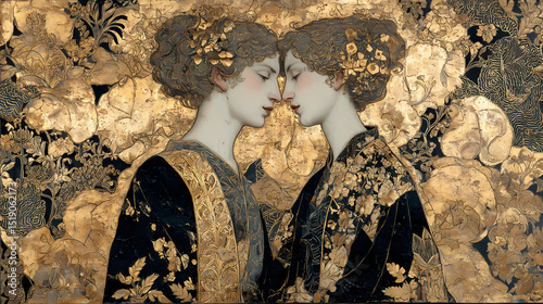 poster for classical exhibition | mortal desire | divine longing | black and topaz | flattened dimension | mythical lovers | decorative robe pattern | gold leaf application | romantic decay | vienna photo