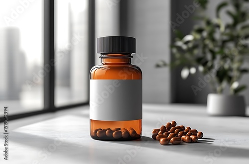 Amber glass bottle mockup with brown capsules on light surfaAmber glass bottle mockup with brown capsules on light surface

ce

 photo