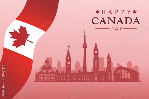 Happy Canada Day celebration background with Toronto Skyline Silhouette and Canadian flag vector. 1st July happy Canada day vector illustration.