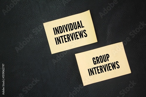 Paper with two words Individual interviews, Group interviews. Two common types of interviews. Structured interviews use a predetermined set of questions