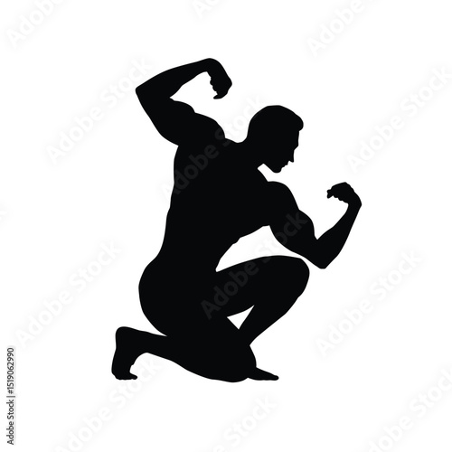 Silhouette of a muscular man kneeling and flexing his arms, symbolizing strength and confidence