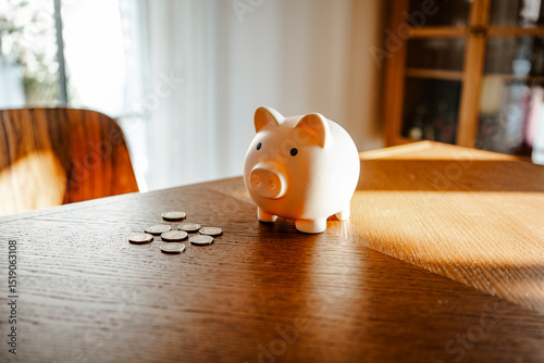 Piggy bank and coins on a wooden table representing savings and financial planning indoors photo