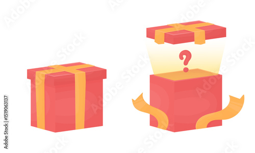 Open and closed mystery box. Red gift box with yellow ribbon with question mark. Surprise