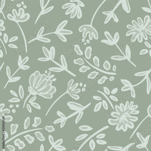 Line drawing of flowers, leaves and sprigs scattered to form a minimalist botanical pattern in shades of green. Floral seamless vector pattern. Great for home decor, fabric, wallpaper, gift wrap, etc.