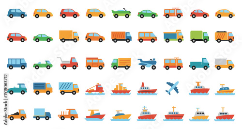 Vehicle Flat Icon Set, Cars, Trucks, Boats, and Airplane Vectors for Transportation, Logistics, and Travel Concepts. Transportation, vehicle icon set.