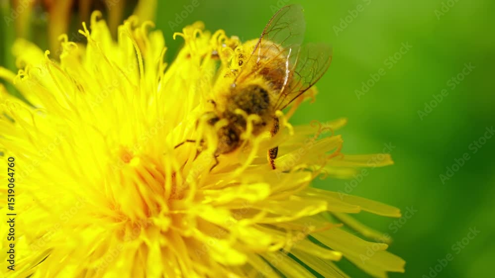 Bee flying over a vibrant dandelion in slow motion, with clear focus on the delicate petals and insect movement Bee flying over a vibrant dandelion in slow motion, with clear focus on the delicate petals and insect movement