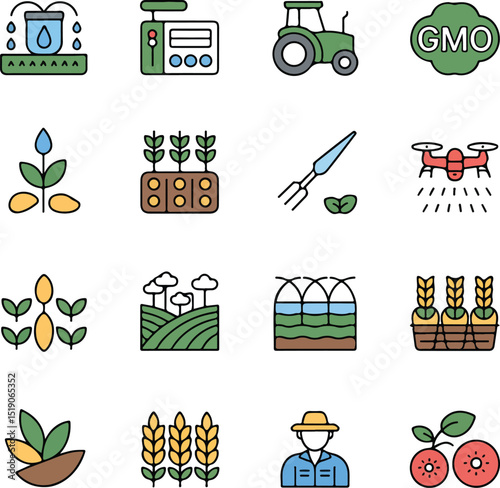 Modern Agriculture and Farming Flat Icons Set