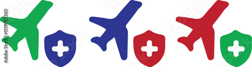 Travel Insurance Icon – flight protection, travel medical shield, air travel coverage, secure journey, aviation safety symbol

