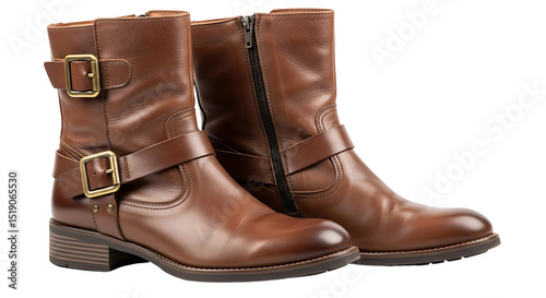 two brown leather boots on transparent background 