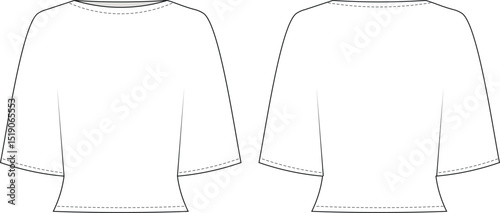 round neck boat neck batwing dolman half sleeve fit blouse top template technical drawing flat sketch cad mockup fashion woman design style model 
