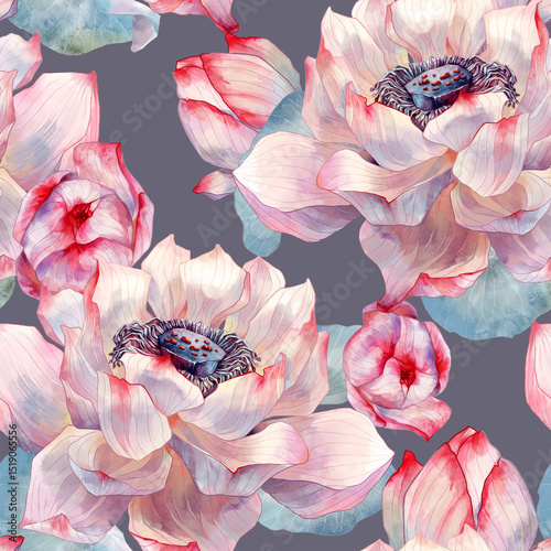 Fototapeta Naklejka Na Ścianę i Meble -  Seamless pattern with blooming watercolor lotus flowers on a dark background. Lush and detailed botanical design ideal for textiles, stationery, and home decor.