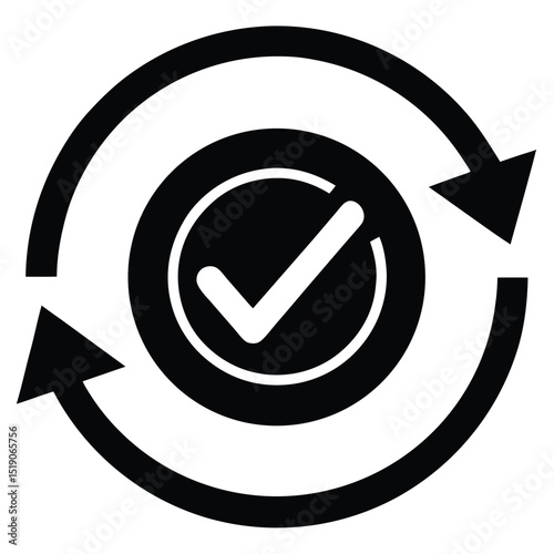 Circular refresh symbol with checkmark silhouette isolated on white background