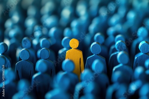 Unique Yellow Figure Among Blue Crowd People Business Concept Standout Individual One Team Many     