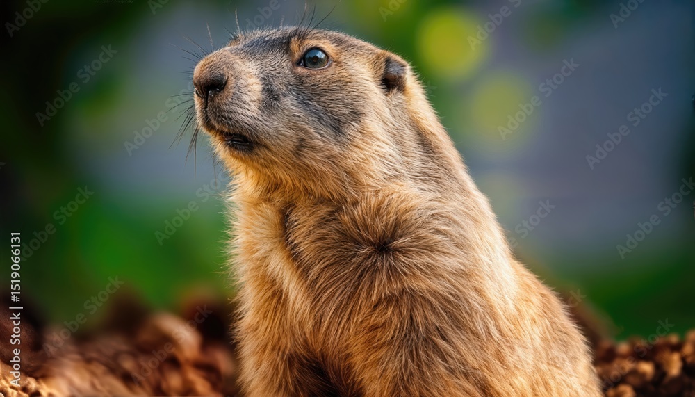 Fototapeta premium Charming Groundhog Amidst Blossoming Garden Under Warm Sunlight, Capturing Curious Glance and Vibrant Surroundings.