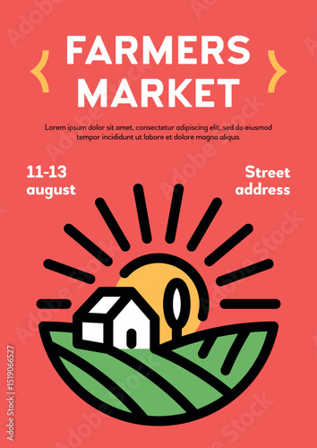 Vector farm house logo poster and banner. Linear organic farming illustration with field, sun, rays, place for text. Natural food icon background flyer for healthy fresh eco products, farmers market