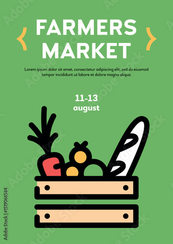Vector food box icon poster. Farmer market wood crate illustration. Line grocery logo background with fresh organic fruits, vegetables. Healthy natural product design concept, flyer, banner