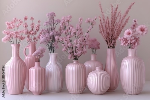Pink floral arrangements in various vases.