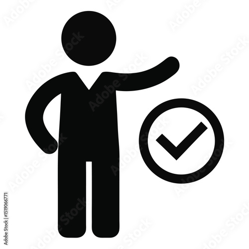 Person pointing to checkmark icon silhouette isolated on white background
