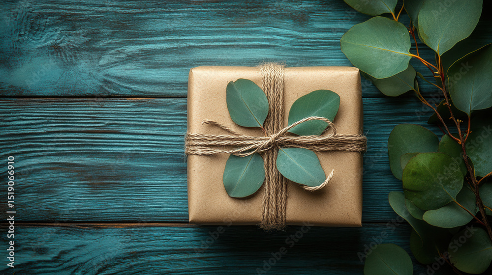 Kraft Gift Wrapped with Twine and Eucalyptus on Clean White Wood Table Kraft Gift Wrapped with Twine and Eucalyptus on Clean White Wood Table