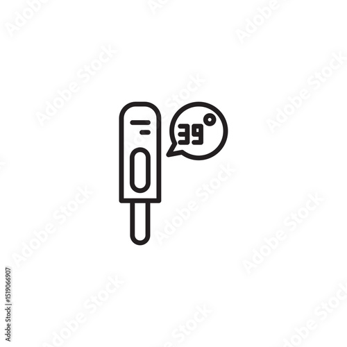 A black outline icon of a thermometer with a 39-degree reading in a speech bubble, indicating a high temperature or fever.