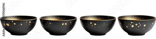 Four black bowls with gold speckles