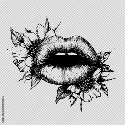 High contrast lip ink tattoo design on a clean white background, showcasing bold and detailed lip print perfect for tattoo inspiration, fashion graphics, or edgy artistic projects with a modern
