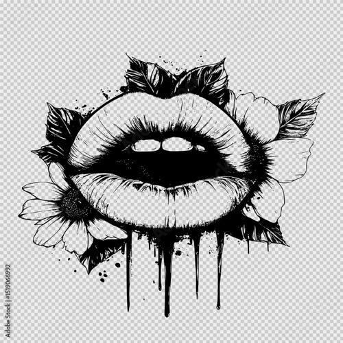High contrast lip ink tattoo design on a clean white background, showcasing bold and detailed lip print perfect for tattoo inspiration, fashion graphics, or edgy artistic projects with a modern