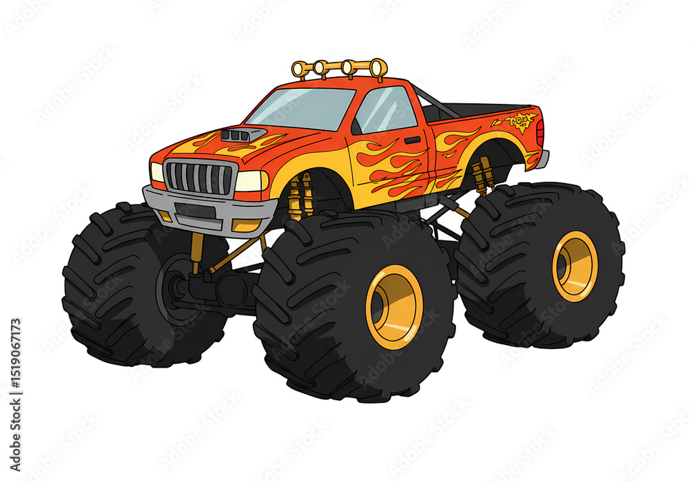 Obraz premium Fiery Inferno A Detailed Depiction of a Monster Truck with Large Tires and Flame Design isolated on transparent baackground