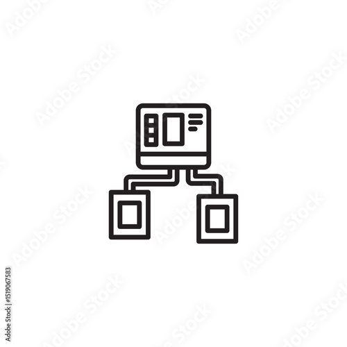 A line art icon shows a central monitor connected to two rectangular boxes, resembling a network or hub system, possibly representing data flow or connected devices.