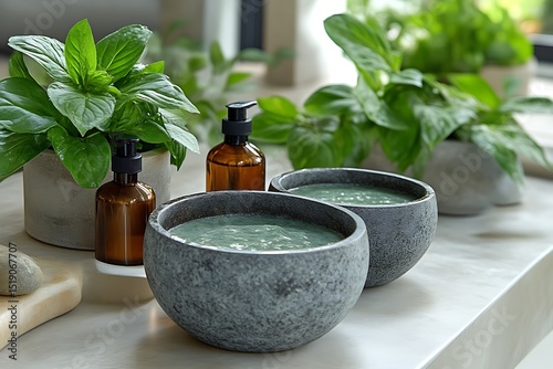 Grey stone bowls filled with a light teal liquid, surrounded by greenery.